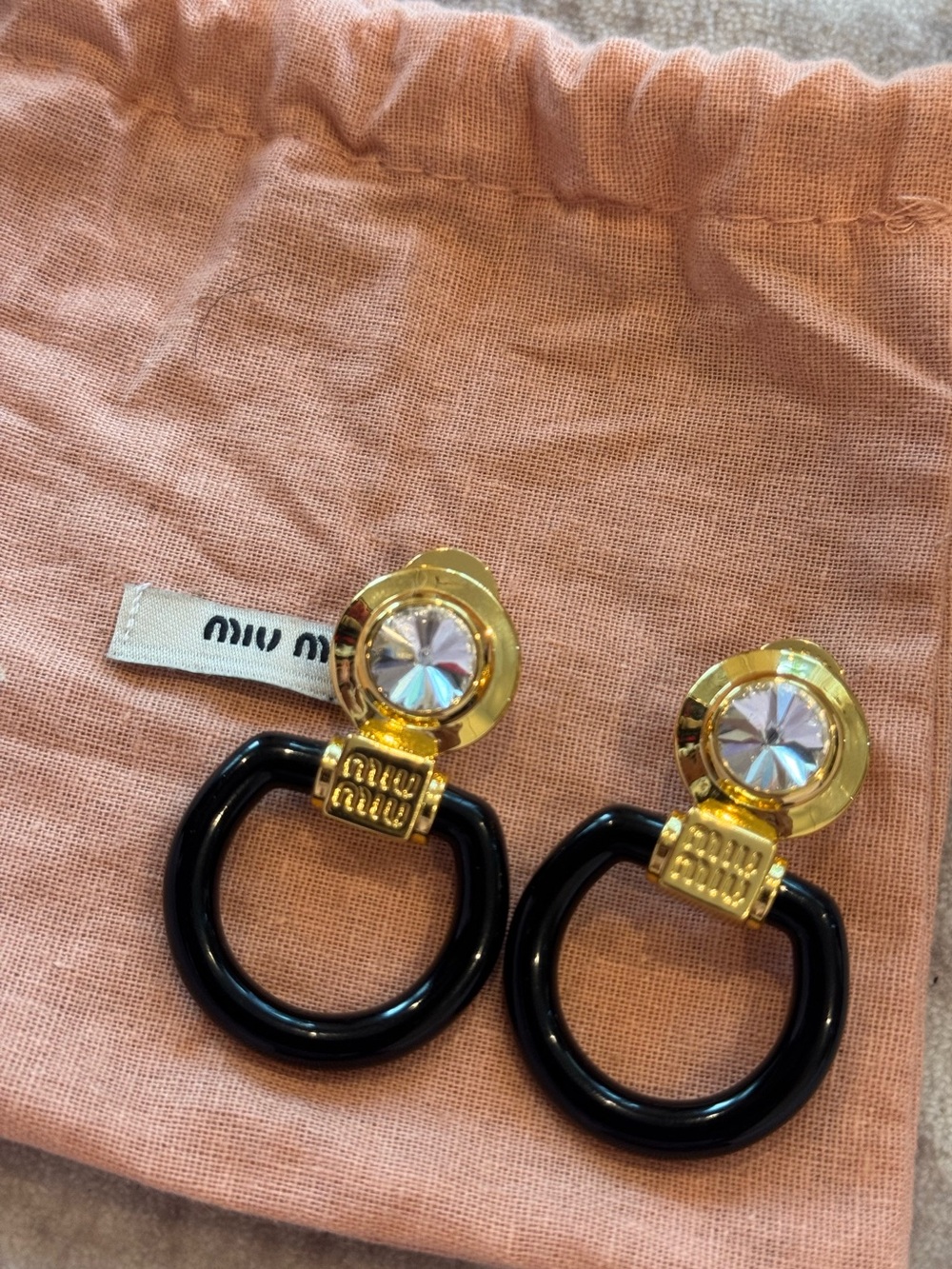 Miu Miu Gold and Black Hoop Drop Earrings with Iridescent Crystal